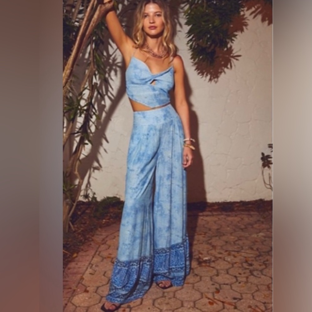 FREE PEOPLE WIDE LEG PANT BLUE MULTI WOMENS LARGE
